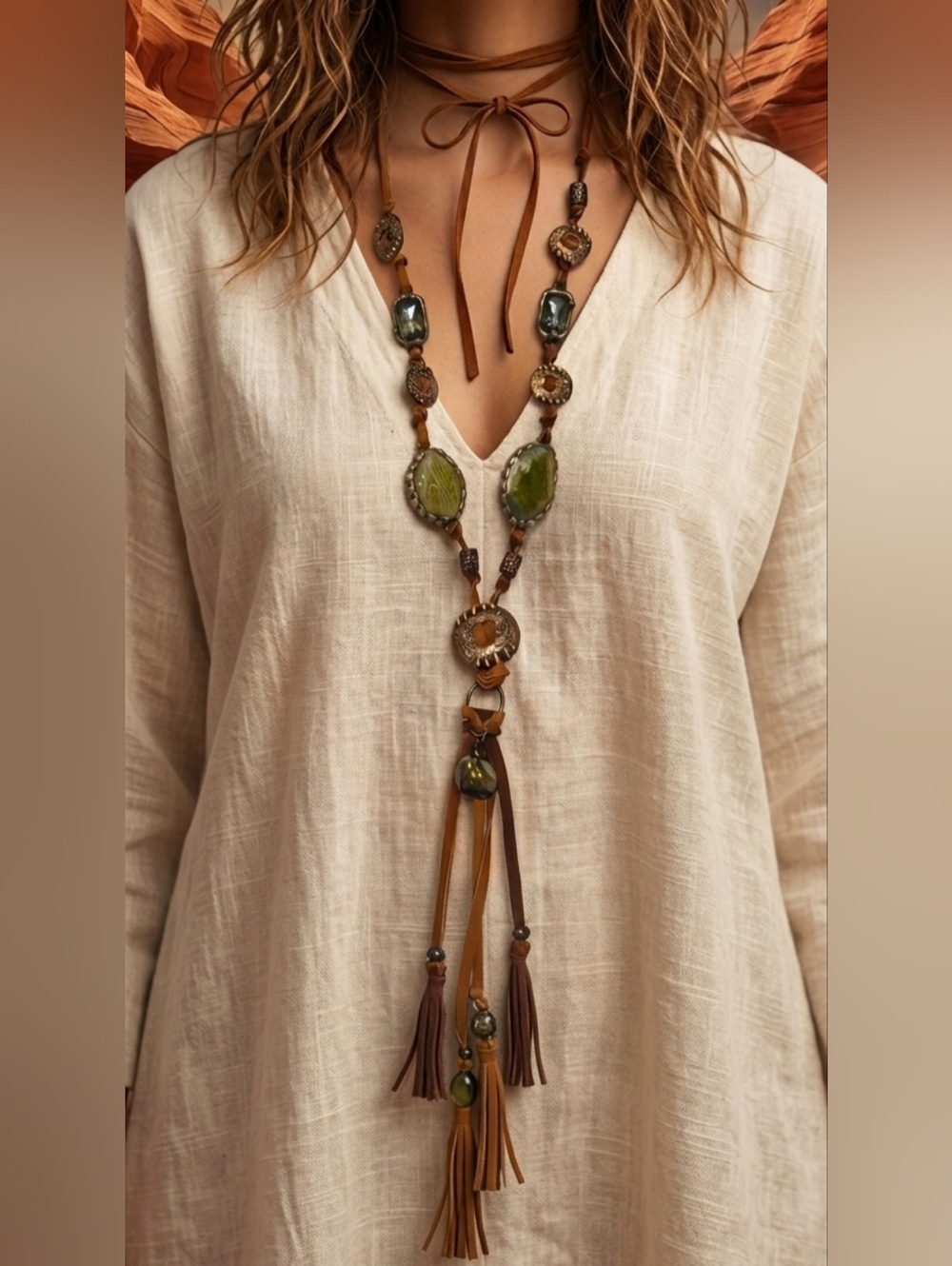 Tassels And Stones Brown Leather Lariat Necklace with Green Agate Stone Accents
